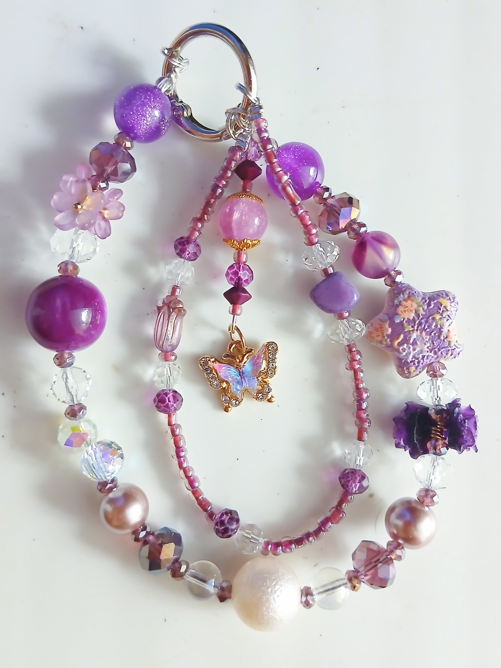 Handmade Purple Beaded Phone/Purse Charm with Butterfly Charm